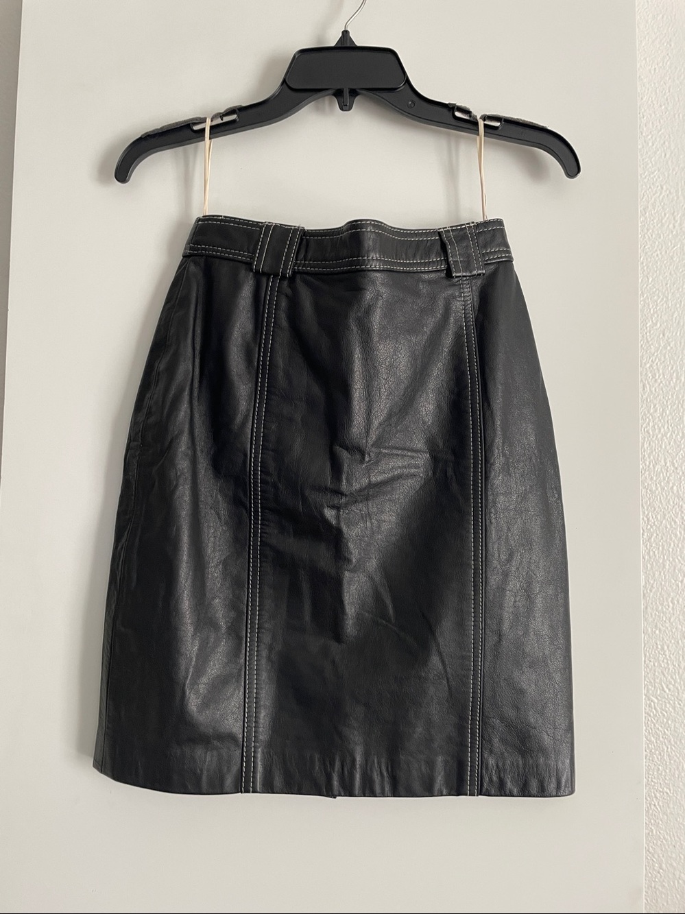VTG Genuine Leather Classic Straight Pencil Skirt Black/White Stitching